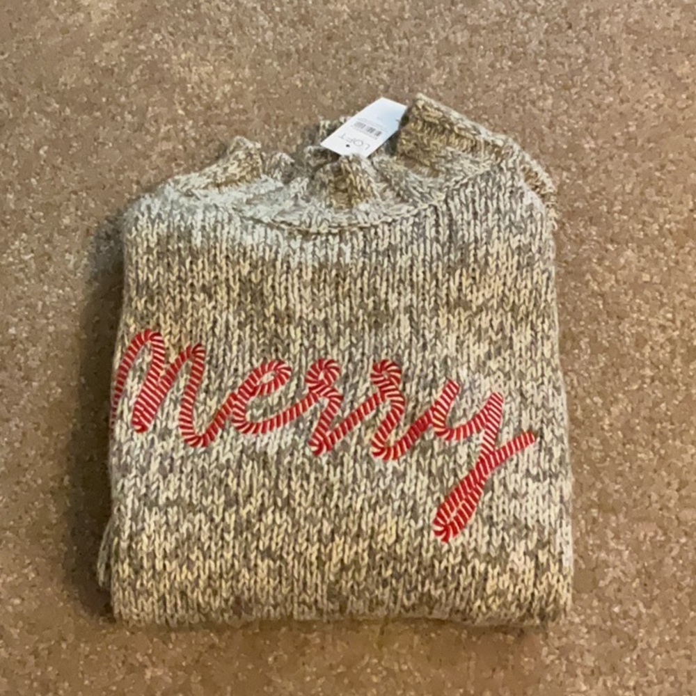 LOFT Cowl Neck Sweater - Gray with Red 'Merry'